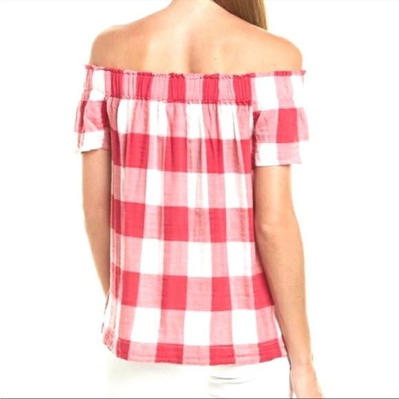 Anthropologie Cloth & Stone Maecy Off The Shoulder Gingham Textured Top Small - Picture 2 of 11